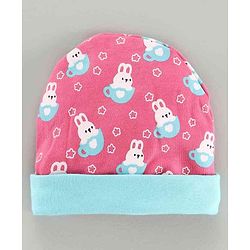 Babyhug 100% Cotton Cap Mitten & Booties Set Bunny Print Pink - Diameter 9.5 cm
