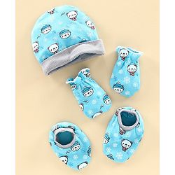 Babyhug 100% Cotton Cap Mitten & Bootie Set Teddt Print Blue - Diameter 10 cm