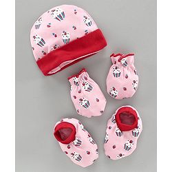Babyhug 100% Cotton Cap Mitten and Booties Set Pink - Diameter 10 cm