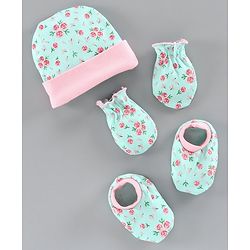 Babyhug 100% Cotton Cap Mitten and Booties Set Blue - Diameter 10 cm