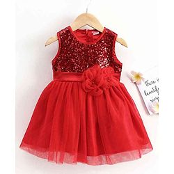 Babyhug Sleeveless Party Wear Frock with Reversible Sequins - Red