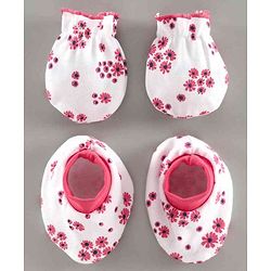 Babyhug 100% Cotton Mittens & Booties Set Floral Print - White Pink