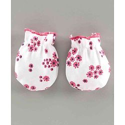 Babyhug 100% Cotton Mittens & Booties Set Floral Print - White Pink