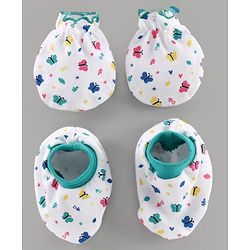 Babyhug 100% Cotton Mittens & Booties Set Floral Print - White Green