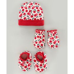 Babyhug 100% Cotton Cap Mittens & Booties Set Cherry Print Pink - Diameter 8 cm