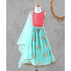 Bayhug Sleeveless Studded Choli & Embroidered Lehenga with Dupatta - Fuchsia & Sky Blue