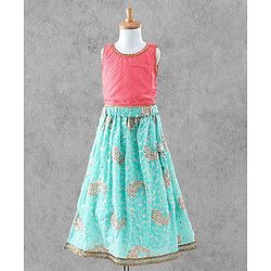 Bayhug Sleeveless Studded Choli & Embroidered Lehenga with Dupatta - Fuchsia & Sky Blue