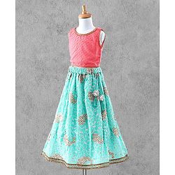 Bayhug Sleeveless Studded Choli & Embroidered Lehenga with Dupatta - Fuchsia & Sky Blue
