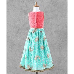 Bayhug Sleeveless Studded Choli & Embroidered Lehenga with Dupatta - Fuchsia & Sky Blue