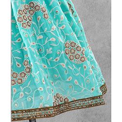 Bayhug Sleeveless Studded Choli & Embroidered Lehenga with Dupatta - Fuchsia & Sky Blue