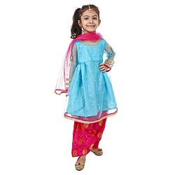 Babyhug Full Sleeves Top and Dhoti Set with Net Dupatta Glitter Print - Blue