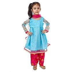Babyhug Full Sleeves Top and Dhoti Set with Net Dupatta Glitter Print - Blue