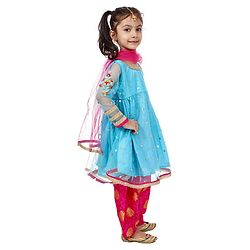 Babyhug Full Sleeves Top and Dhoti Set with Net Dupatta Glitter Print - Blue