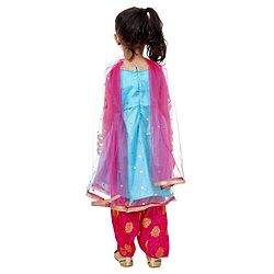 Babyhug Full Sleeves Top and Dhoti Set with Net Dupatta Glitter Print - Blue