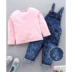 Babyhug Dungaree with Full Sleeves Inner Tee Leaf Print - Blue Pink