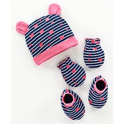 Babyhug 100% Cotton Cap, Mitten & Booties Striped Print Navy Blue - Diameter 10.5 cm