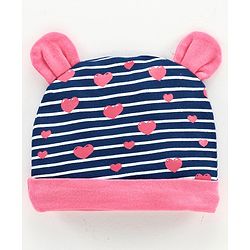 Babyhug 100% Cotton Cap, Mitten & Booties Striped Print Navy Blue - Diameter 10.5 cm