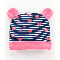Babyhug 100% Cotton Cap, Mitten & Booties Striped Print Navy Blue - Diameter 10.5 cm