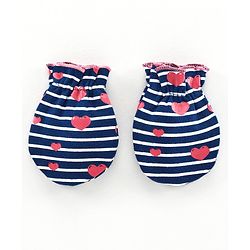 Babyhug 100% Cotton Cap, Mitten & Booties Striped Print Navy Blue - Diameter 10.5 cm
