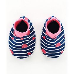Babyhug 100% Cotton Cap, Mitten & Booties Striped Print Navy Blue - Diameter 10.5 cm