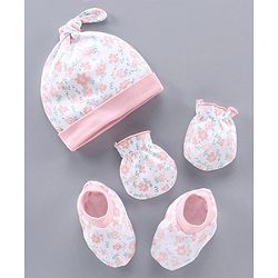 Babyhug 100% Cotton Cap Mitten & Booties Set Pink - Diameter 10 cm