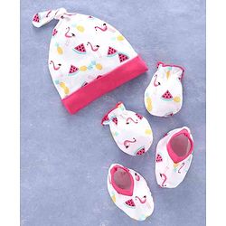 Babyhug 100% Cotton Cap Mitten & Booties Pink - Diameter 11.5 cm