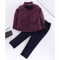 Babyhug Full Sleeves Shirt with Bow & Trouser Set - Maroon Blue
