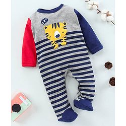 Babyhug Full Sleeves Footed Sleep Suit Striped Print - Blue