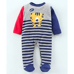 Babyhug Full Sleeves Footed Sleep Suit Striped Print - Blue