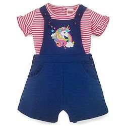 Babyhug Glitter Print Dungaree With Half Sleeves Tshirt - Blue