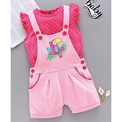 Babyhug Dungaree with Inner Tee Bird Print - Pink