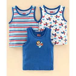 Babyhug 100% Cotton Antibacterial Vest Aeroplane Print Pack of 3 - Blue
