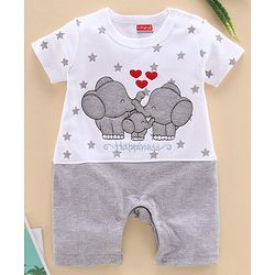 Babyhug 100% Cotton Half Sleeves Romper Elephant Embroidery - Grey White