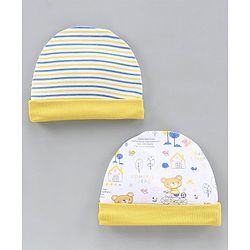 Babyhug 100% Cotton Cap Striped and Printed Yellow Pack of 2 - Diameter 9.5 cm