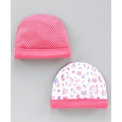 Babyhug 100% Cotton Cap Printed Pink Pack of 2 - Diameter 10.5 cm