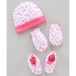 Babyhug 100%Cotton Cap Mittens & Booties Unicorn Print Pink - Diameter 10.5 cm