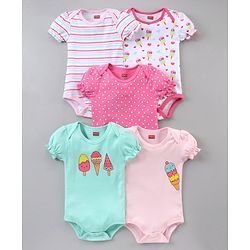 Babyhug 100% Cotton Puff Sleeves Onesies Pack of 5 - Multicolour