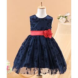 Babyhug Sleeveless Party Wear Embroidered Frock with Corsage - Navy Blue