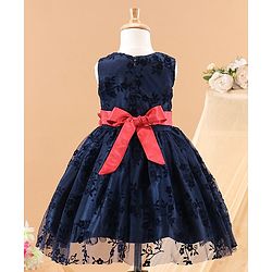 Babyhug Sleeveless Party Wear Embroidered Frock with Corsage - Navy Blue
