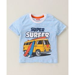 Babyhug Half Sleeves Striped Tee Surfer Print - White Blue