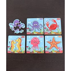 Babyhug 5 in 1 Premium Wooden Jigsaw Aquatic 20 pcs puzzle - Set of 5| Educational Toy for Cognitive Development| Montessori Learning Toy| BIS Certified| 2 Years+