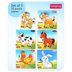 Babyhug 5 in 1 Premium Wooden Jigsaw Farm Animal 20 pcs puzzle - Set of 5| Educational Toy for Cognitive Development| Montessori Learning Toy| BIS Certified| 2 Years+