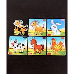 Babyhug 5 in 1 Premium Wooden Jigsaw Farm Animal 20 pcs puzzle - Set of 5| Educational Toy for Cognitive Development| Montessori Learning Toy| BIS Certified| 2 Years+
