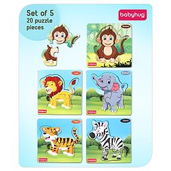 Babyhug 5 in 1 Premium Wooden Jigsaw Jungle Animals 20 pcs puzzle - Set of 5| Educational Toy for Cognitive Development| Montessori Learning Toy| BIS Certified| 2 Years+