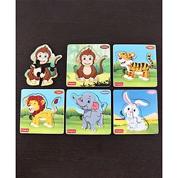 Babyhug 5 in 1 Premium Wooden Jigsaw Jungle Animals 20 pcs puzzle - Set of 5| Educational Toy for Cognitive Development| Montessori Learning Toy| BIS Certified| 2 Years+