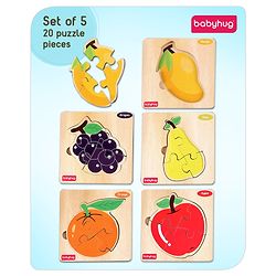 Babyhug 5 in 1 Premium Wooden Jigsaw Fruits 20 pcs puzzle - Set of 5| Educational Toy for Cognitive Development| Montessori Learning Toy| BIS Certified| 2 Years+