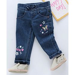 Babyhug Denim Slim Fit Capri Butterfly Print - Dark Blue