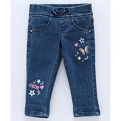 Babyhug Denim Slim Fit Capri Butterfly Print - Dark Blue