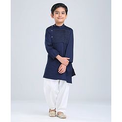 Babyhug Full Sleeves Woven Asymmetrical Kurta & Pajama Set - Navy & White
