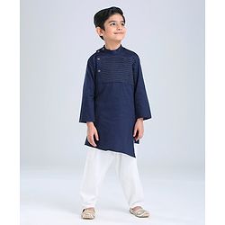 Babyhug Full Sleeves Woven Asymmetrical Kurta & Pajama Set - Navy & White